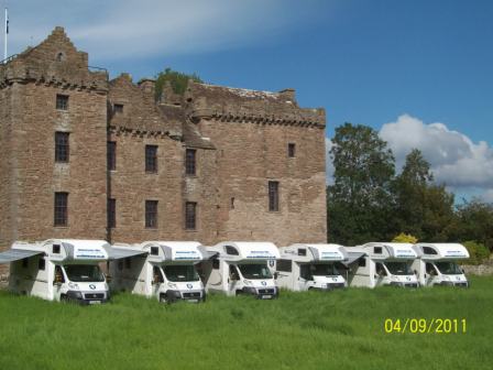 Motorhomes parked outside Huntingtower Castle in Perth