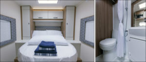 Skye motorhome for hire bed and bathroom 